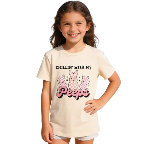 Image of CM C&M WODRO Kid Girl Easter Bunny T-Shirt Chillin' with My Peeps Shirt Short Sleeve Funny Happy Easter Graphic Tees Tops