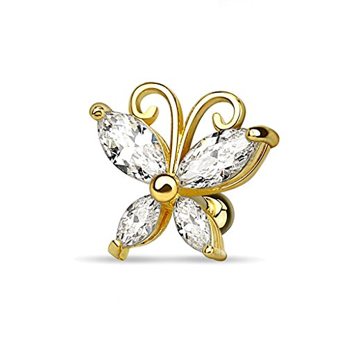Preisvergleich Produktbild BlackAmazement Cartilage Tragus Helix Barbell Ohrstecker Schmetterling Butterfly 14 Karat vergoldet 316L Edelstahl Zirkonia CZ Silber Gold klar Damen (Gold)