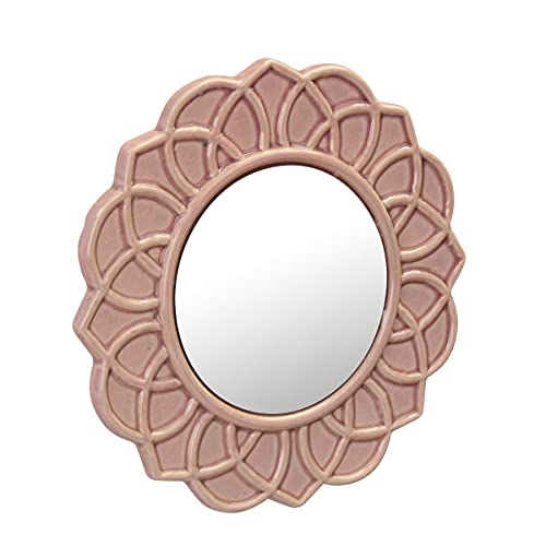 Stonebriar Decorative 9" Pale Pink Round Floral Ceramic Accent Wall Mirror with Attached Hanging Loop - Image 2