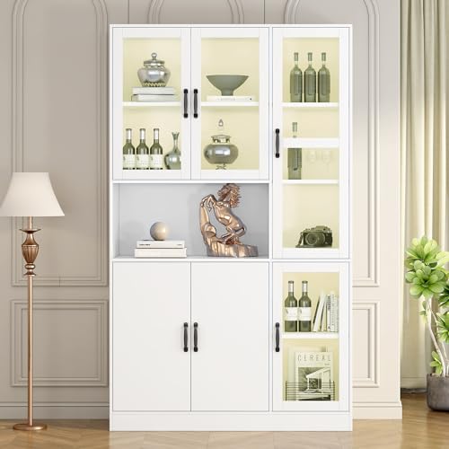 Armario de vitrina blanco, 120 x 40 x 200 cm, estanterías con puertas, estanterías de pie para libros, grandes aparadores de cocina, despensa, estantería de lujo con luz LED, armario de vitrina con