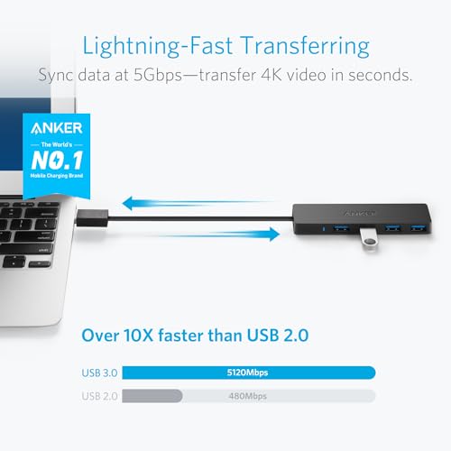 Image of Anker USB Hub 4 Ports with 5Gbps Data Transfer, Multiple USB 3.0 Hub, USB Splitter for Laptop, Extender for A Port Laptop, PC, Desktop and More [Charging Not Supported](0.7 ft USB-A)