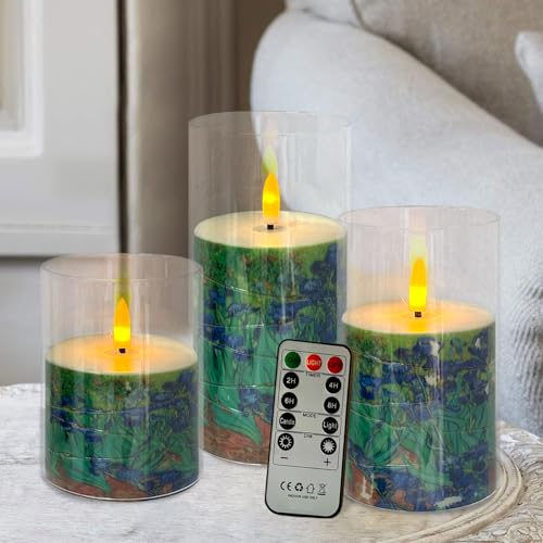 Image of Flickering Flameless Candles, Recessed String Light LED Candles Acrylic Battery Operated LED Pillar Candles with Remote Van Gogh Art Painting Style for Home Decor Set of 3((Irises Printed)