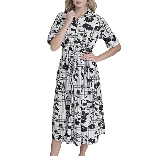 Image of DKNY Women's Short Sleeve Cotton Poplin Collared Midi Shirtdress