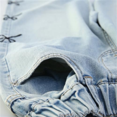 Girls Bowknot Jeans Straight Leg Elastic Waist Baggy Denim Pants Kids Retro Casual Trousers for 5-13 Years4