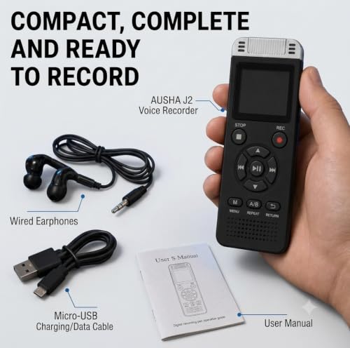 Image of ROCKTECH Digital Voice Recorder 32GB, 3072Kbps HD Recording, 80H Battery, Voice Activated, MP3 WAV FLAC Playback, 1.5 inch LED Display for Meetings, Lectures, Interviews, Students & Journalists