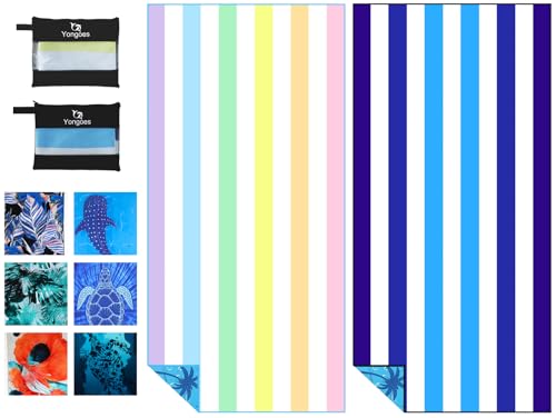 Yongoes 2 Pack Microfiber Beach Towel Oversized 71x32 Colorful Blue Striped