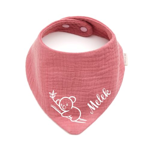 Personalisiertes Dreieckshalstuch aus Baumwolle/Musselin | Koala mit Namen | Halstuch für Jungen, Mädchen | Viele Farben (Altrosa)