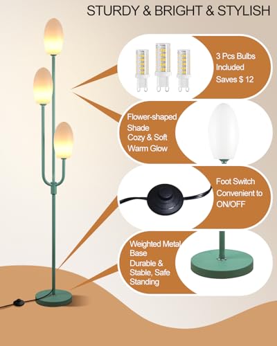 Image of Lightdot 66IN Dimmable Floor Lamp 3-Lights Vintage Floor Lamps with Pebble Shade& Warm White Bulbs for Wedding Party Modern Standing Tall Lamp with 5Lbs Heavy Base for Living Room /Bedroom-Green