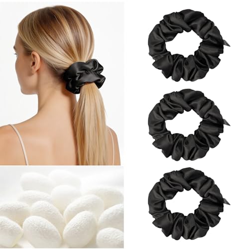 Image of THXSILK 100% Mulberry Silk Chunky Scrunchies 3-Pack, 25 Momme Mulberry Silk Hair Ties for Women, Thick Voluminous No Damage Hair Ties, Ponytail Holders for All Hair Types, Black