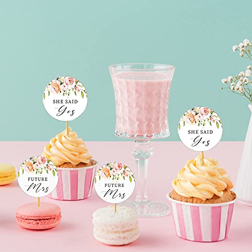 Bridal Shower Cupcake Toppers - 24 Pieces Cute Floral Engagement Decoration - 4 Unique Rustic Rose Designs For Weddings And Bachelorette Party - Bride To Be - Love Is Sweet - Future Mrs - She Said Yes #TOP4