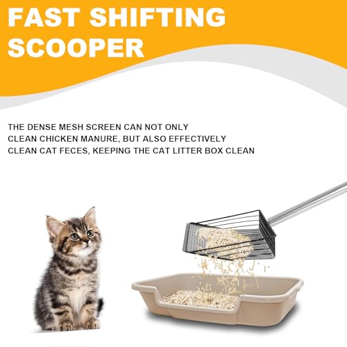 Image of 10 Inch Chicken Coop Poop Scoop, Metal Litter Shovel with 22-77 inch Adjustable Stainless-Steel Handle, Screw-Connected Design, Wide Sifting Scoop for Sand and Fine Shavings, Poultry Coop Cleaning Tool