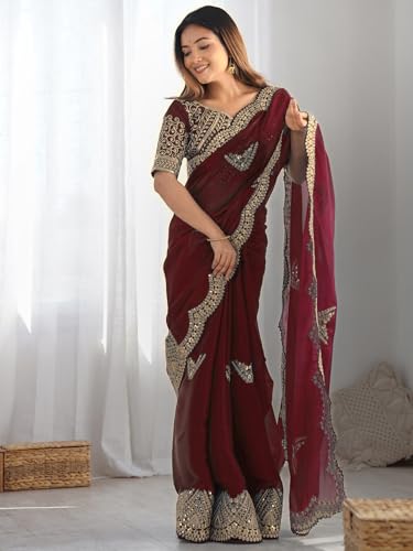 Image of Satrani Women's Tissue Silk Sequin Embroidery Scalloped Border Saree with Unstitched Blouse Piece