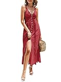 BerryGo Women's Embroidery Pearl Button Down Dress V Neck Spaghetti Strap Maxi Dress Wine Red S