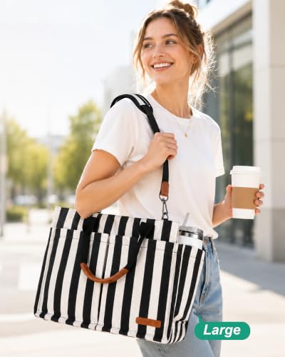 Image of FIORETTO Womens Canvas Tote Bag Purse with Individual Compartment, Zipper Top, Reinforced Bottom & Luggage Sleeve
