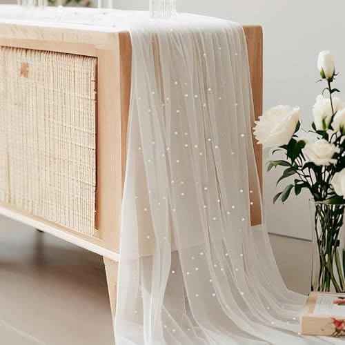 YUZHEDM Camino de Mesa Perlas 80 X 300 Cm, Decoracion Mesa Comedor Centro de Mantel Cumpleaños, Tul Blanco se Puede Usar como Mantel Arco Boda Decoración Respaldo Silla Fondo para Fiesta