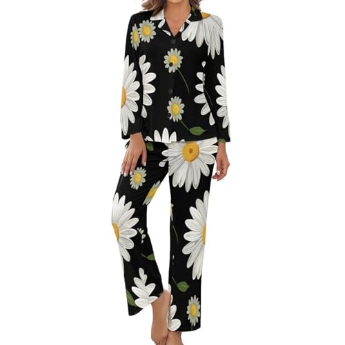 Pyjama femme 2 pièces chic à pois rétro et marguerites pour l'intérieur