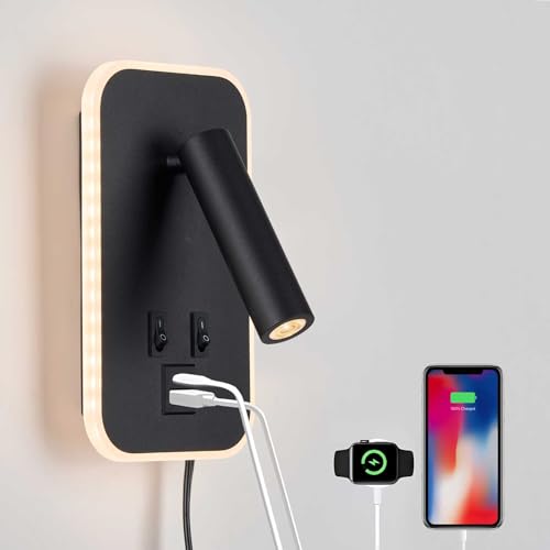 Image of Bed Reading Light, Wall Mounted Reading Fixture with USB C+A Ports, Adjustable Headboard Sconces, Plug-in or Hardwired Bedside Lamp, Modern Black 10W+3W 3000K Warm Ambient lighting for Bedroom