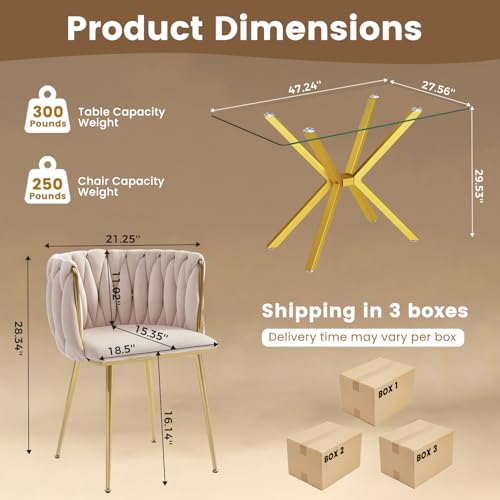 Image of Golden Glass Dining Table Set for 4 with 47.2 inch Rectangular Tempered Glass, 5 Pieces Kitchen Table Set with 4 Comfortable Velvet Chairs for Living Room, Apartments Small Place, Cafe (Beige Chairs)