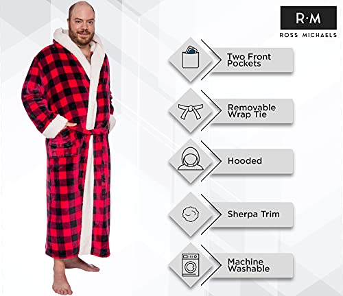 Ross Michaels Mens Robe Big & Tall Sherpa Lined Buffalo Plaid - Long Plush Fleece Hooded Bathrobe (Red/Black, Large/X-Large)4