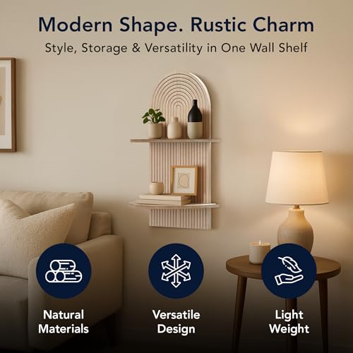 Image of American Art Decor Carved Lunar Ledges 2-Tier Modern Display Arched Wall Shelf Storage for Bedroom Bathroom Kitchen Living Room - Natural Beige - 23.75 inch x 14 inch x 8.25 inch