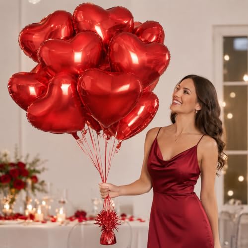 Image of Wanna Party Pack of 10 Red Heart Shaped Foil Balloons, Helium Quality Balloon Bouquet for Anniversary, Wedding, Proposal, Birthday & Romantic Party Decoration-18 inch