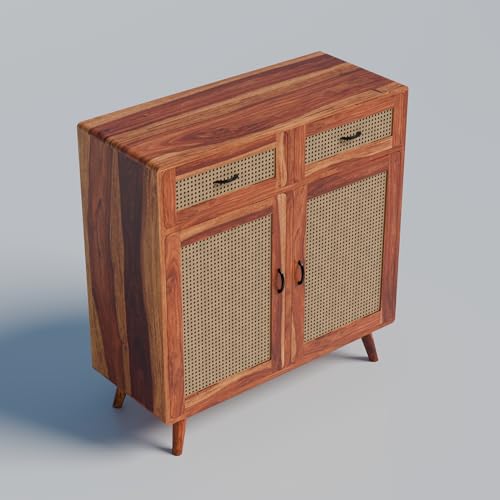 Image of DRIFTINGWOOD Amber Solid Sheesham Wood Sideboard Cabinet | 2-Door Storage Console with 2 Drawers for Living Room & Dining Room | Honey Finish