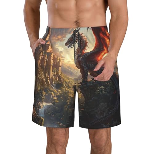 Men's Quick Dry Swim Shorts Dragon and Fantasy World Castle Landscape Ancient Beach Trunks with Pockets