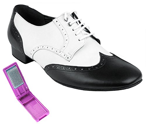 Very Fine Dance Shoes - Mens Standard, Smooth, Waltz Ballroom Dance Shoes - PP301-1-inch Heel and Foldable Brush Bundle - Black Leather - White Leather - 9