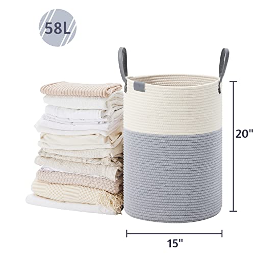 Image of VIPOSCO 58L Tall Woven Rope Laundry Hamper, Leather Handles, Grey & White | Large Wicker Laundry Basket for Dirty Clothes, Blanket, Toy, Towel, Yoga Mat, Storage Bin in Bedroom, Bathroom, Living Room