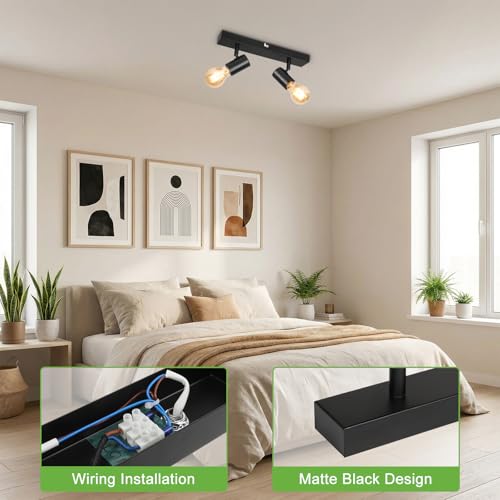 Kimjo Deckenstrahler 2 Flammig Innen - LED Deckenlampe Schwarz - Spots Deckenleuchte E27 2 Flammig - Deckenspots Modern 350°Schwenkbar für Wohnzimmer Schlafzimmer Küche Nein Leuchtmittel Max. 60W