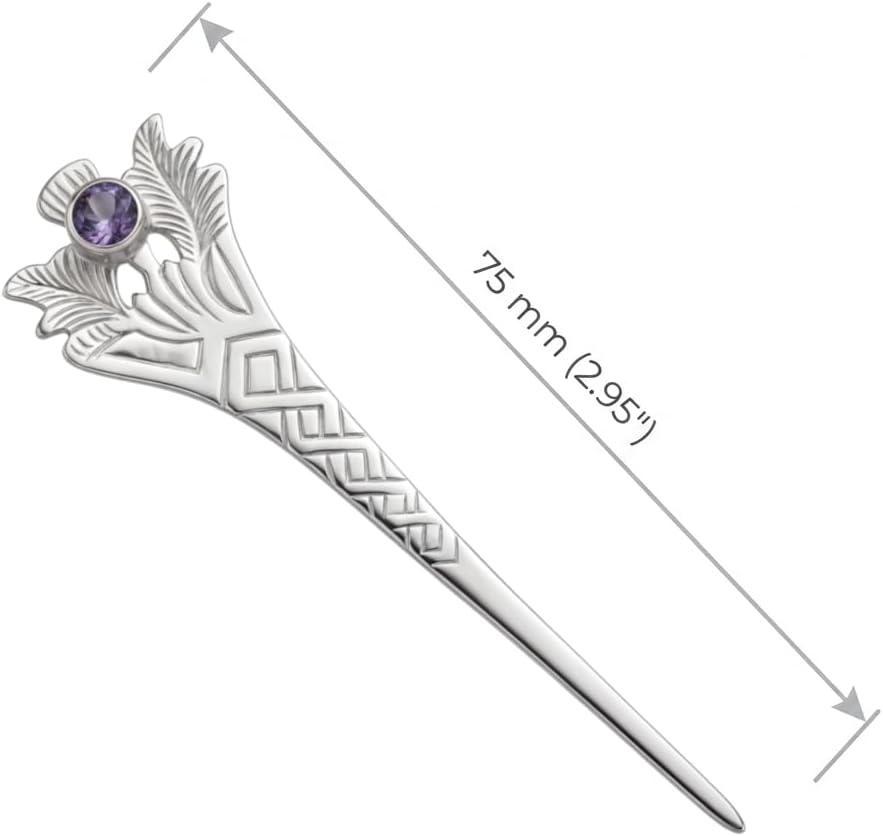 Alexander Castle 925 Sterling Silver Scottish Thistle Kilt Pin Brooch with Amethyst Stone for Men & Women - Kilt Accessory with Jewelry Gift Box - 76mm