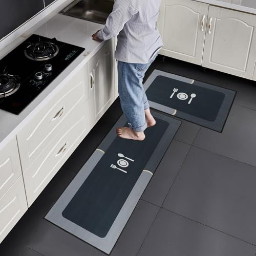 7VSTOHS Juego de Alfombras de Cocina Antideslizantes de 2 Piezas, Tapete Cocina Antideslizante Resistente al Aceite, Adecuado para Cocina, Baño, Sala de Estar, 43x75 + 43x120 cm