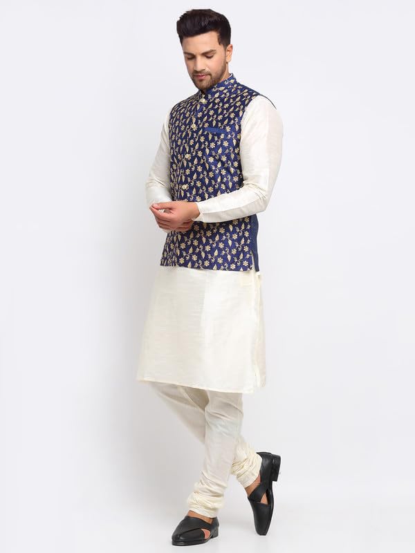 Image of KRAFT INDIA Men's Stylish Silk Kurta with Churidar & Nehru Jacket Set