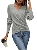 SOLY HUX Women's V Neck Long Sleeve Off Shoulder Sweaters Criss Cross Wrap Ruched Pullover Fall Tops Plain Grey Small