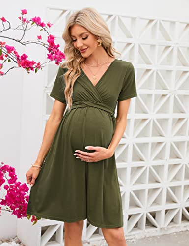 Funjuly Maternity Dress Women's Casual Ruffle Wrap V Neck Nursing Short Sleeve A Line Party Midi Dress For Baby Shower Army Green L #TOP3