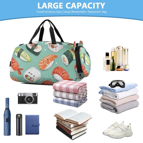 Sushi Pattern Green Duffle Bag for Girl, Sports Duffle Gym Bags with Shoe Compartment, Personalized Overnight Bag Travel Weekender for Kids4