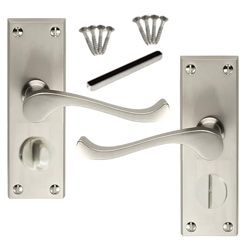 Epsom Door Handle Victorian Scroll Satin Nickel Privacy Bathroom Door Handle Set Satin Door Handles with Privacy Lock 2 Sets with Tubular Latch for Interior Doors (1 Pair of Bathroom Handles)