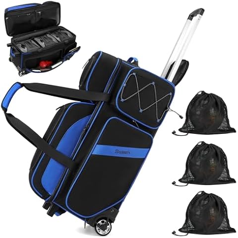 BOSSTIN 3 Ball Bowling Bags with Wheels, Bowling Ball Bag with Secure Velcro Fixed Ball Cup & Shoe Compartment (Fits Up to Size 16),Bowling Ball Bag 3 Ball Roller with Multi-Pockets (Blue) Cover
