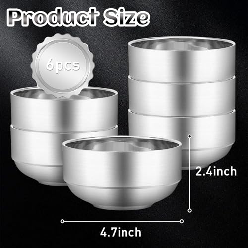 Hyuetrsa HYUETRSA-6 Pcs Stainless Steel Bowls, 4.7 Inches Deep X 2.4 Inches High Soup Bowls Stainless Steel Cereal Bowls Double-Walled Metal Serving thumb #1