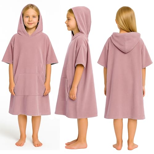 CalmyBEACH Leicht Frottee Badeponcho Kinder - Mädchen Jungen Baumwolle Poncho Handtuch Bademantel Badetuch Surf Strandponcho Kapuzenhandtuch 10-13 Jahre Altrose