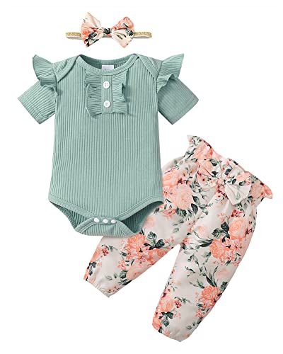 Image of Newborn Infant Baby Girl Clothes Romper Floral Pant Outfits Set Cotton Baby Girls' Clothing