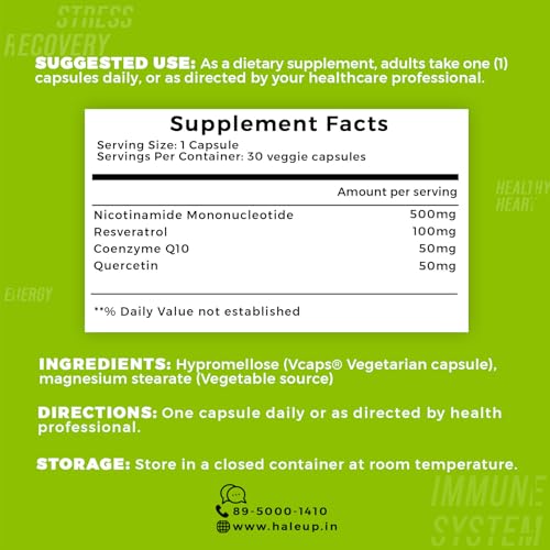 Image of Haleup Usa Nmn 500 Mg 3-In-1 Formula,Enriched With Resveratrol,Quercetin And Coq10|99.9% Pure|Healthy Ageing|Cellular Repair|Boost Nad+|Energy Levels|Skin Health,1 Count,30 Capsules