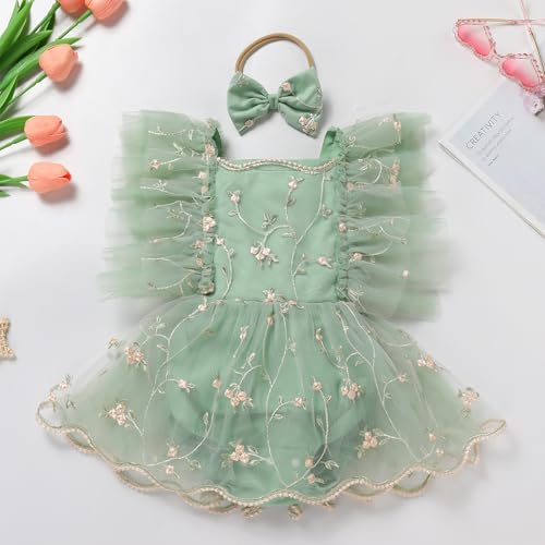 ODASDO Baby Girl Floral Embroidery Tulle Tutu Princess Romper Dress First Birthday Cake Smash Outfit with Bowknot Headband2