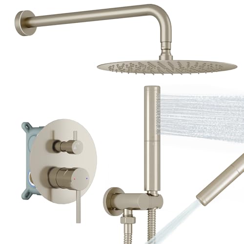 Image of BESy Shower System with 10 Inch Round Rain Shower Head and Handheld Wall Mounted, High Pressure Rainfall Shower Faucet Fixture Combo Set with 2 in 1 Handheld Showerhead for Bathroom, Nickel