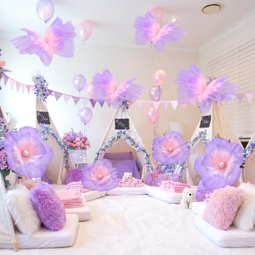 Image of Cinnvoice 8 Pcs Large Butterfly Flower Decorations 20 Inch 12 Inch 3D Giant Silk Butterfly Big Flower Mariposas Grandes para Decoracion for Wedding Backdrop Birthday Party(Gradient Pink Purple)