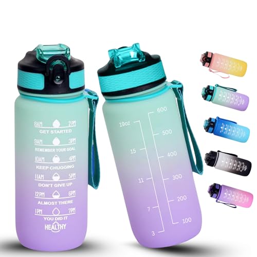 BierEx - Gourde pour enfants - 600 ml - Bouteille d'eau en tritan sans BPA avec paille - Bouteille d'eau de sport avec marqueur de temps - Pour le fitness, l'école, le yoga, l'extérieur (vert clair