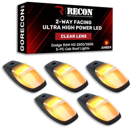 RECON - Fits 2019-2024 RAM HD 2500/3500 5-Piece Cab Roof Light Set 2-Way Front & Rear Facing Ultra High Power LED Lights Multiple Lens & Colors (Fresh Install Only) (AMBER LED, CLEAR LENS)