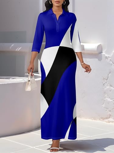 Image of PinkPatty Women's Casual 3 /4 Sleeve Polo V Neck Bodycon Maxi Dress