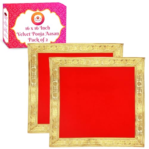 Image of Bhakti Lehar (16 x 16 Inch) Plain Red Velvet Pooja Aasan for God Idol /Chowki Aasan Kapda Cloth for Temple Shelf Home Mandir, Ganesh Baithak and God Idol Sitting - Pack of 2