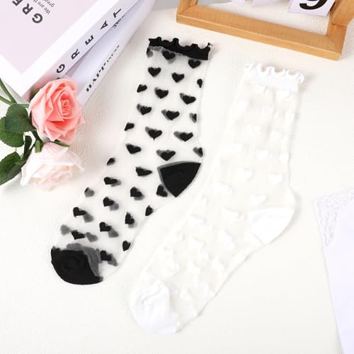 6 Pairs Network Sheer Socks Transparent Sheer Socks, Lace Women Fashionsheer Sock Ankle Ruffled Ultra Thin Cool See Sock Cute Heart Thin Mesh Lace Black and White Mesh Sockes for Women(Black, White)2